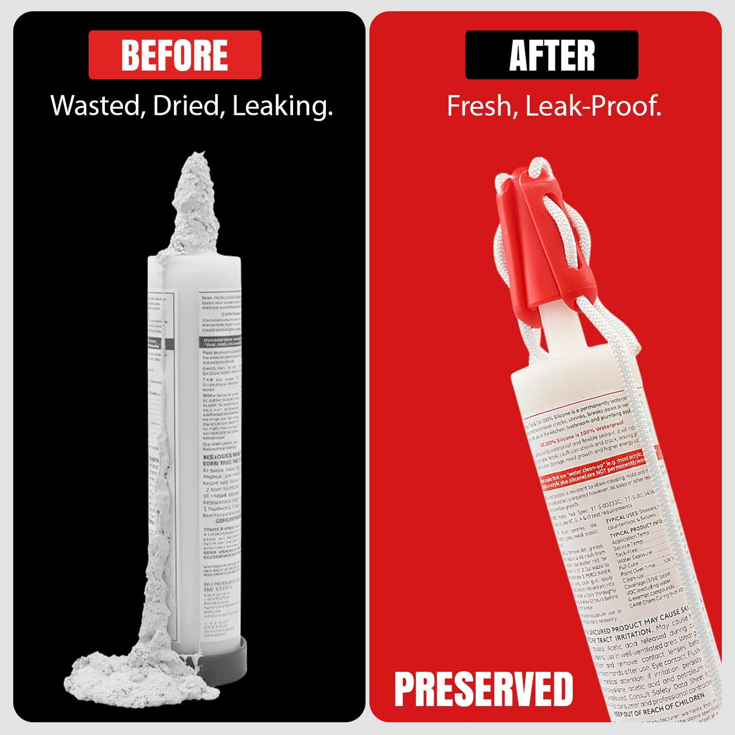 StrapCap Caulking Tube Cover (2-Pack, Red) - Leak-Proof Silicone Cap with Strap Design for Easy Storage, Durable Sealant Preservation, Fits Standard Tubes - Keep Caulk Fresh and Prevent Spills