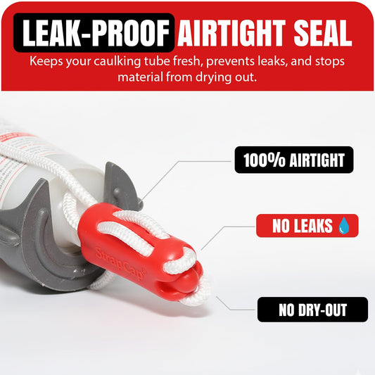 StrapCap Caulking Tube Cover (4-Pack, Red) - Leak-Proof Silicone Cap with Strap Design for Easy Storage, Durable Sealant Preservation, Fits Standard Tubes - Keep Caulk Fresh and Prevent Spills