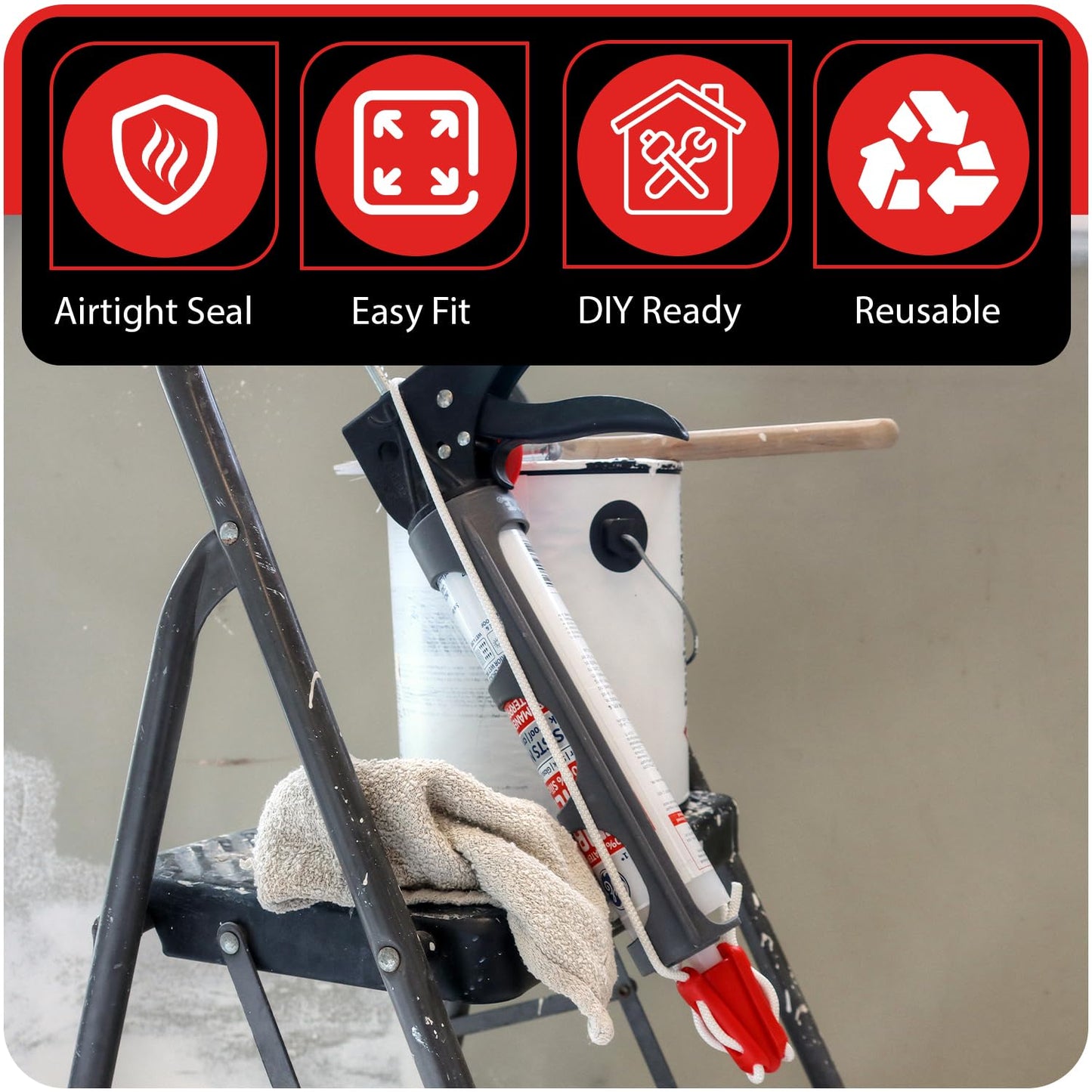 StrapCap Caulking Tube Cover (2-Pack, Red) - Leak-Proof Silicone Cap with Strap Design for Easy Storage, Durable Sealant Preservation, Fits Standard Tubes - Keep Caulk Fresh and Prevent Spills