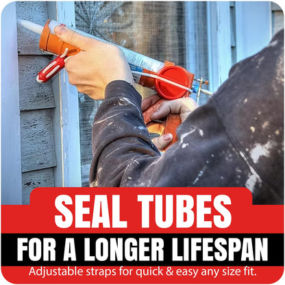 StrapCap Caulking Tube Cover (4-Pack, Red) - Leak-Proof Silicone Cap with Strap Design for Easy Storage, Durable Sealant Preservation, Fits Standard Tubes - Keep Caulk Fresh and Prevent Spills