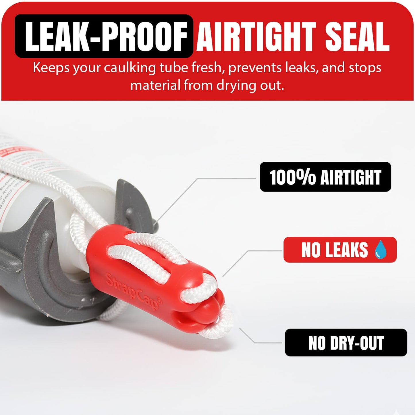 StrapCap Caulking Tube Cover (2-Pack, Red) - Leak-Proof Silicone Cap with Strap Design for Easy Storage, Durable Sealant Preservation, Fits Standard Tubes - Keep Caulk Fresh and Prevent Spills