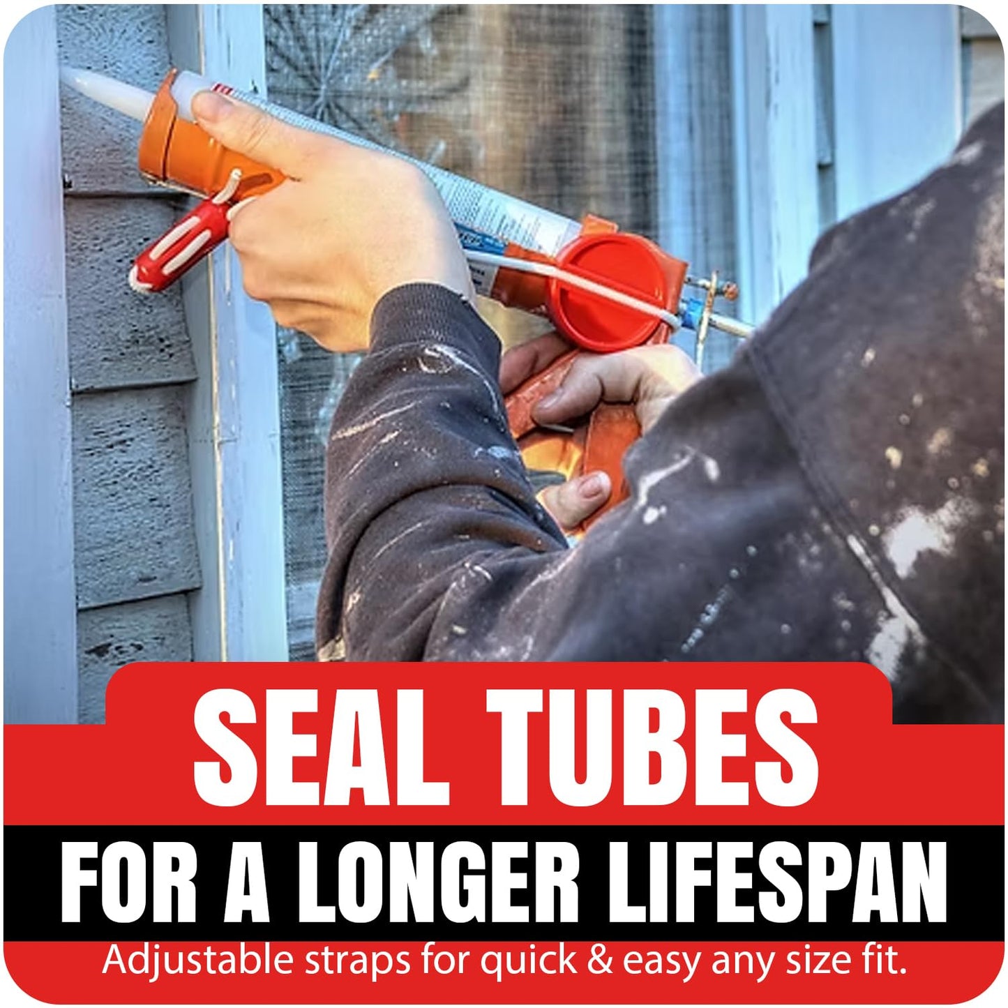 StrapCap Caulking Tube Cover (2-Pack, Red) - Leak-Proof Silicone Cap with Strap Design for Easy Storage, Durable Sealant Preservation, Fits Standard Tubes - Keep Caulk Fresh and Prevent Spills