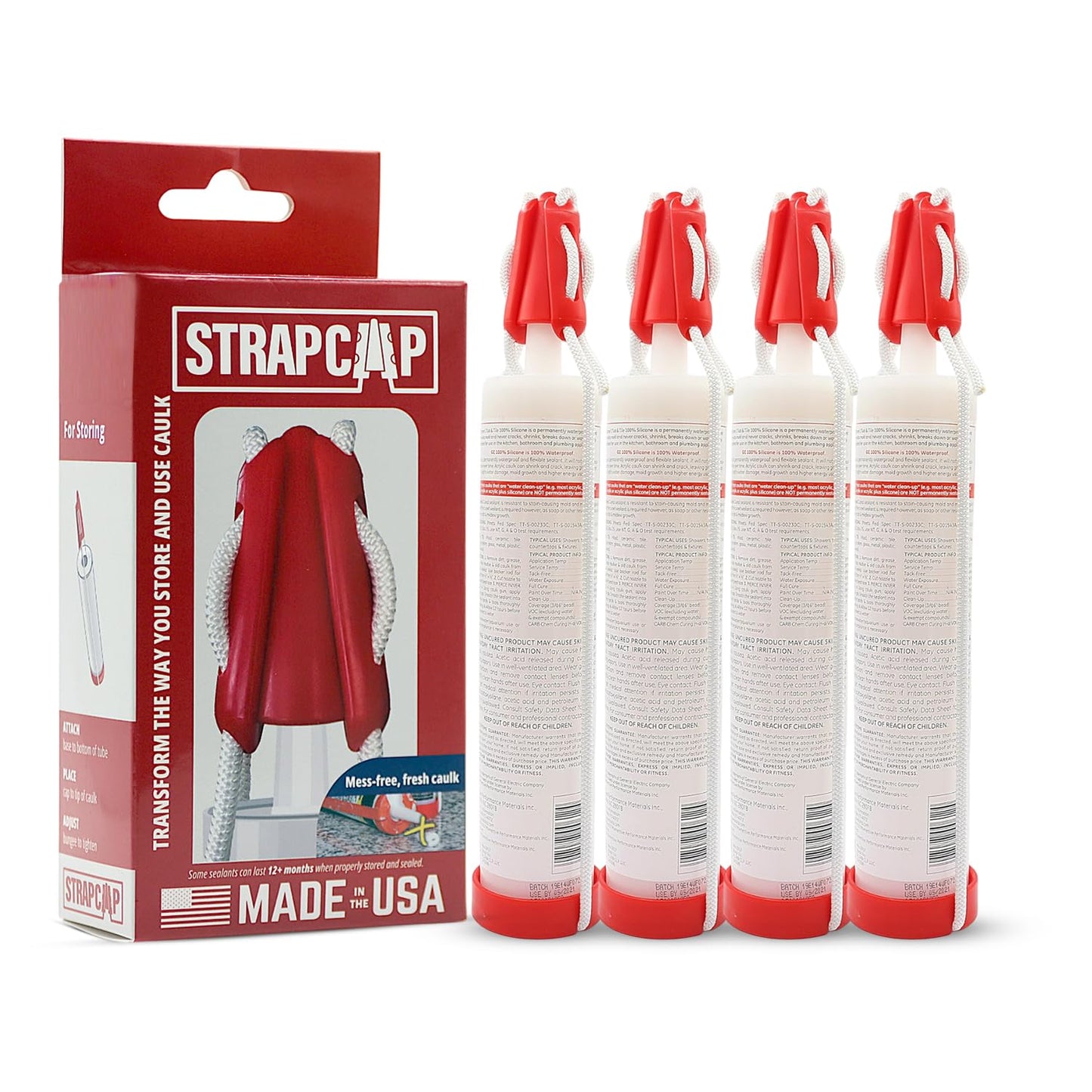 StrapCap Caulking Tube Cover (4-Pack, Red) - Leak-Proof Silicone Cap with Strap Design for Easy Storage, Durable Sealant Preservation, Fits Standard Tubes - Keep Caulk Fresh and Prevent Spills