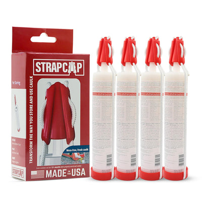 StrapCap Caulking Tube Cover (4-Pack, Red) - Leak-Proof Silicone Cap with Strap Design for Easy Storage, Durable Sealant Preservation, Fits Standard Tubes - Keep Caulk Fresh and Prevent Spills