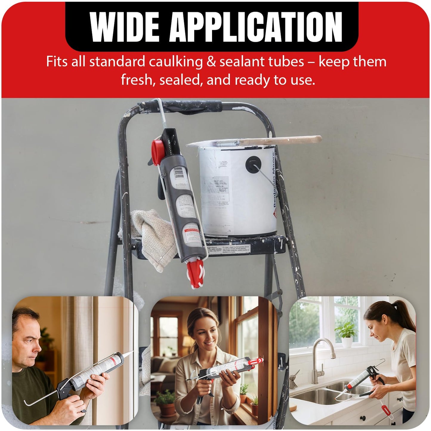 StrapCap Caulking Tube Cover (4-Pack, Red) - Leak-Proof Silicone Cap with Strap Design for Easy Storage, Durable Sealant Preservation, Fits Standard Tubes - Keep Caulk Fresh and Prevent Spills